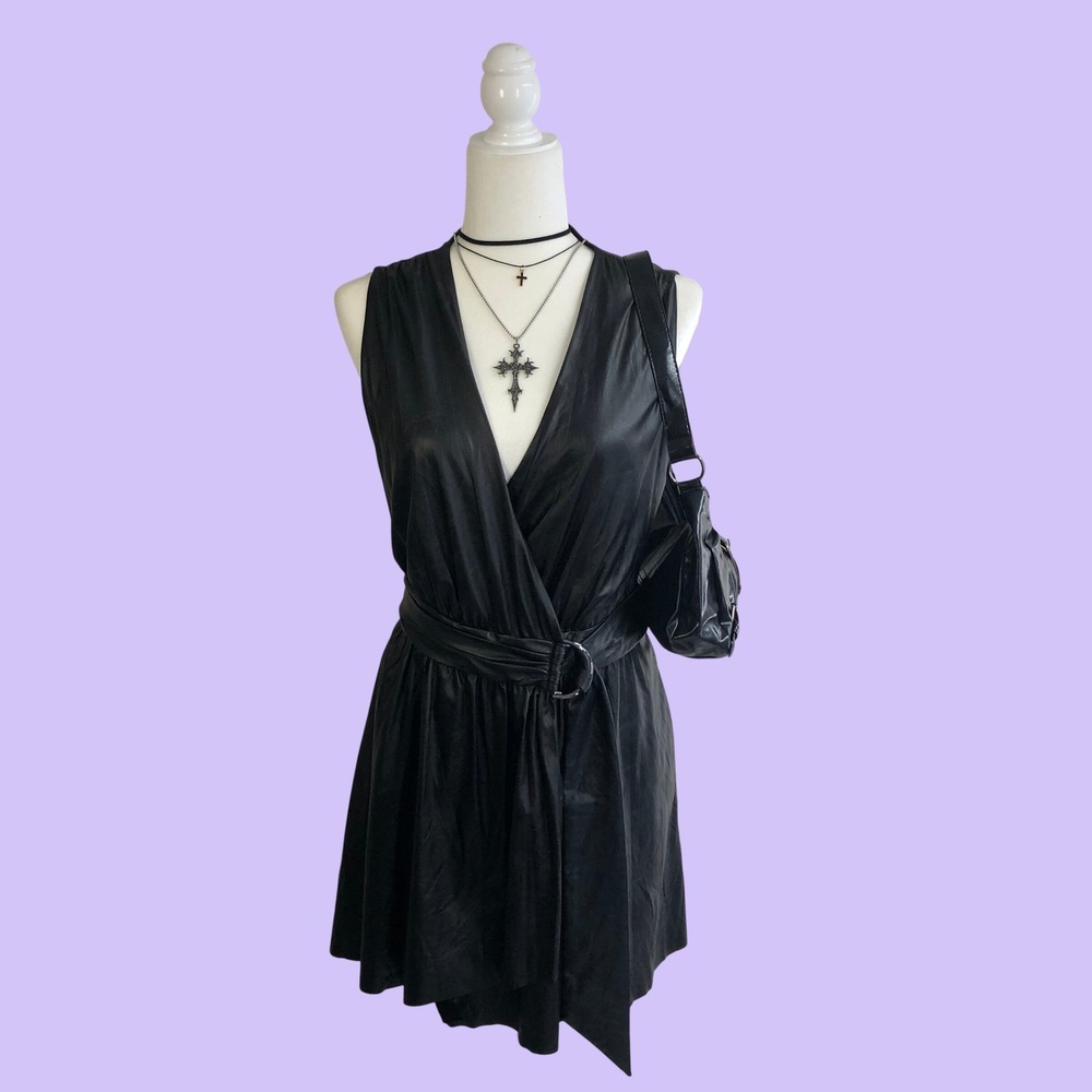 Ramy Brook Black Faux Leather Genuine Wrap Mini Dress Size 2 Belted Party Edgy
